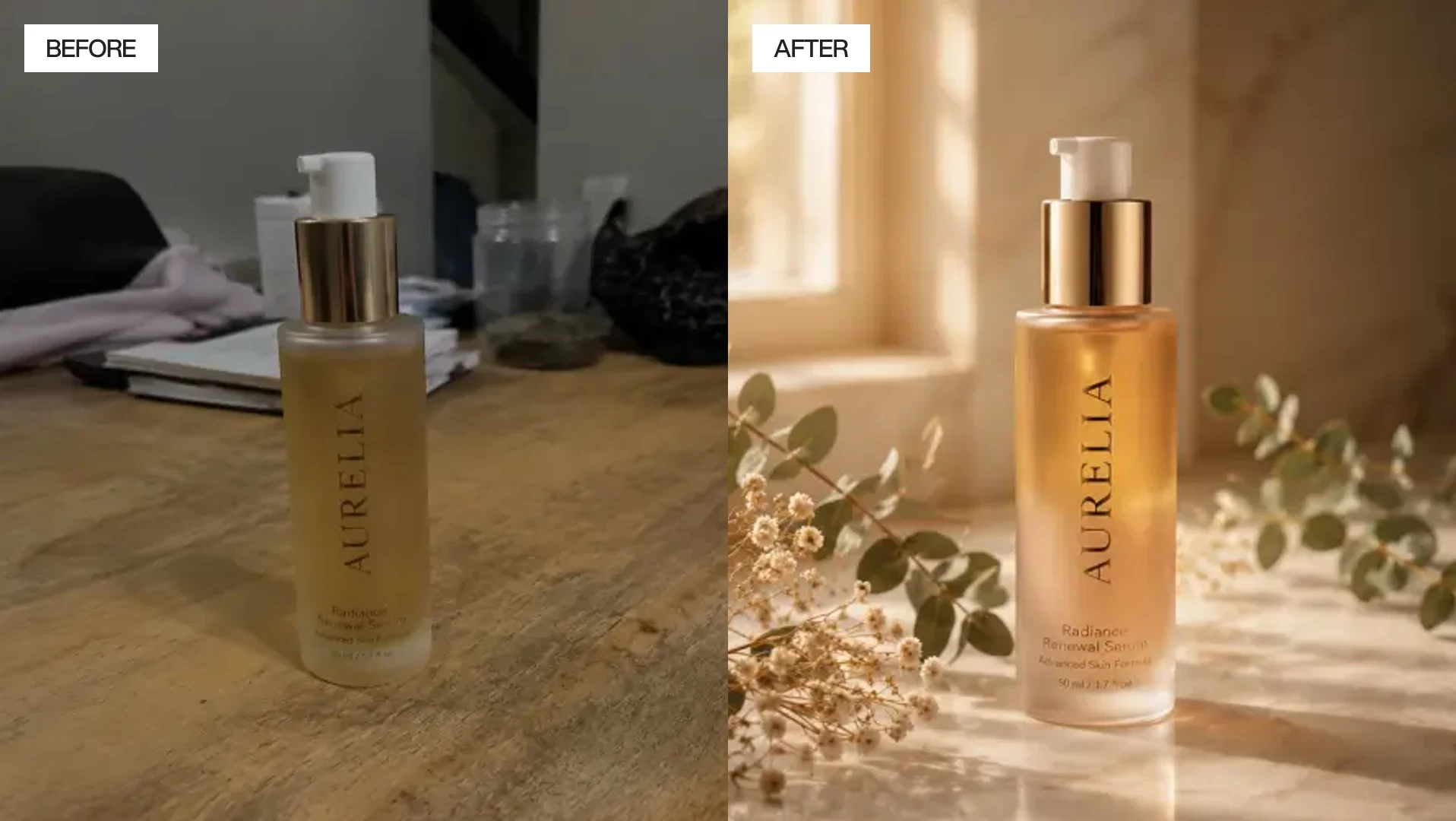 A product photo before and after it is finished